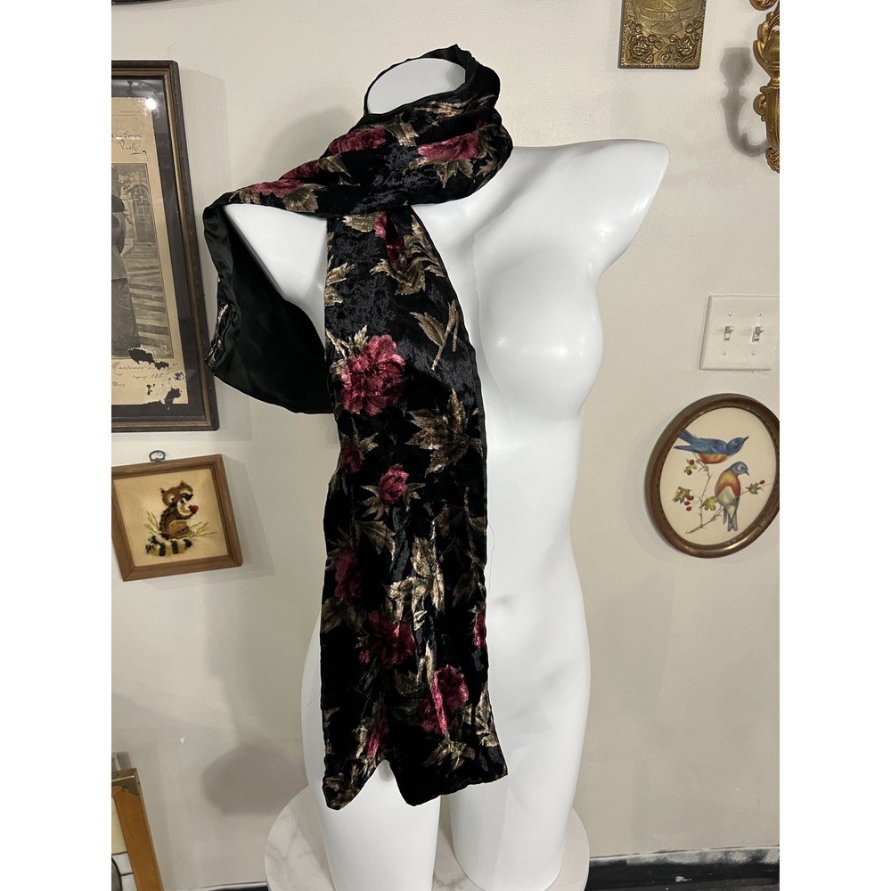 Vintage Black Rose Floral Print Crushed Velvet Scarf Shawl